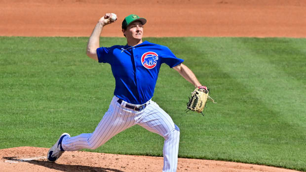 Mar 17, 2023; Mesa, Arizona, USA; Chicago Cubs starting pitcher Hayden Wesneski (19) throws in the fourth inning against the Los Angeles Dodgers during a Spring Training game at Sloan Park. Mandatory Credit: Matt Kartozian-USA TODAY Sports