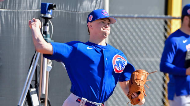Feb 15, 2023; Mesa, AZ, USA; Chicago Cubs starting pitcher Keegan Thompson (71) throws during a spring training workout at Sloan Park. Mandatory Credit: Matt Kartozian-USA TODAY Sports