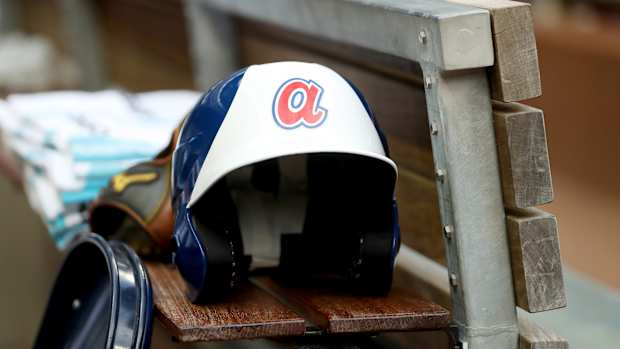 Aug 2, 2019; Atlanta, GA, USA; An Atlanta Braves throw back batting helmet is shown before their game against the Cincinnati Reds at SunTrust Park. Mandatory Credit: Jason Getz-USA TODAY Sports