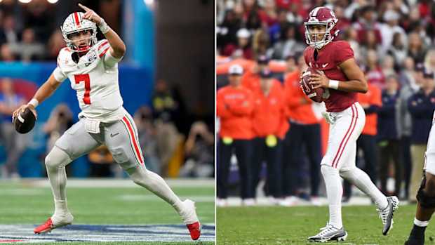 Separate photos of C.J. Stroud and Bryce Young during college games.