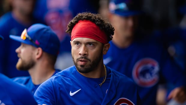 Feb 26, 2023; Phoenix, Arizona, USA; Chicago Cubs infielder Edwin Rios against the Los Angeles Dodgers during a spring training game at Camelback Ranch-Glendale. Mandatory Credit: Mark J. Rebilas-USA TODAY Sports