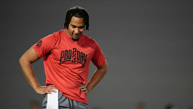 Ohio State Buckeyes quarterback C.J. Stroud throws for NFL representatives during Ohio State football s pro day at the Woody Hayes Athletic Center in Columbus on March 22, 2023. Football Ceb Osufb Pro Day