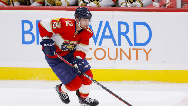 Mar 7, 2023; Sunrise, Florida, USA; Florida Panthers center Eric Staal (12) moves the puck during the third period against the Vegas Golden Knights at FLA Live Arena. Mandatory Credit: Sam Navarro-USA TODAY Sports