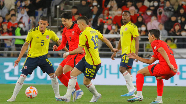 An action shot from South Korea's 2-2 draw with Colombia in March 2023