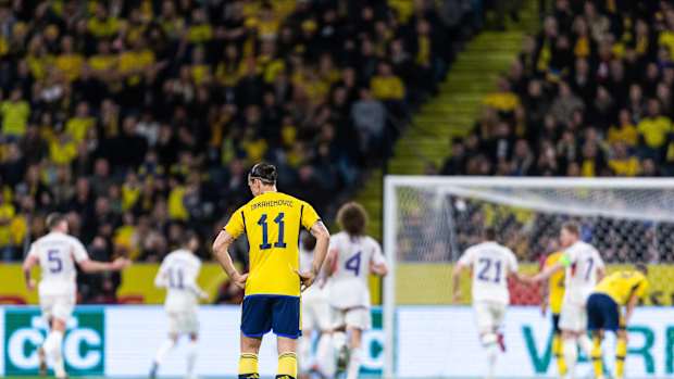 Sweden striker Zlatan Ibrahimovic pictured standing with his hands on his hips during his team's 3-0 loss to Belgium in March 2023