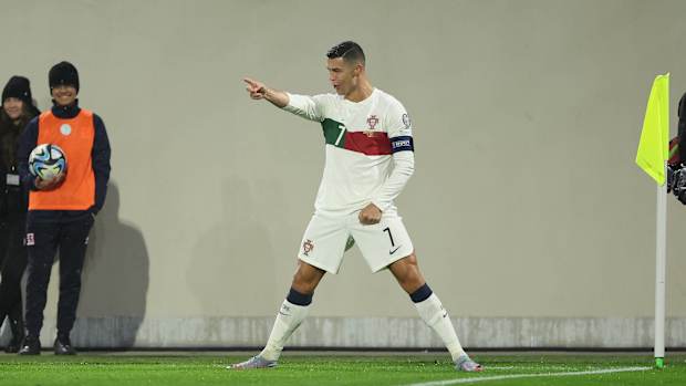 Cristiano Ronaldo pictured celebrating after scoring two goals for Portugal against Luxembourg in March 2023