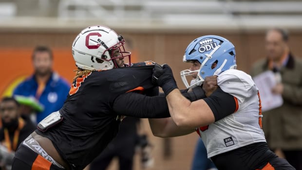 Feb 2, 2023; Mobile, AL, USA; American defensive lineman Zacch Pickens of South Carolina (3) spars with American offensive lineman Nick Saldiveri of Old Dominion (59) practices during the third day of Senior Bowl week at Hancock Whitney Stadium in Mobile. Mandatory Credit: Vasha Hunt-USA TODAY Sports