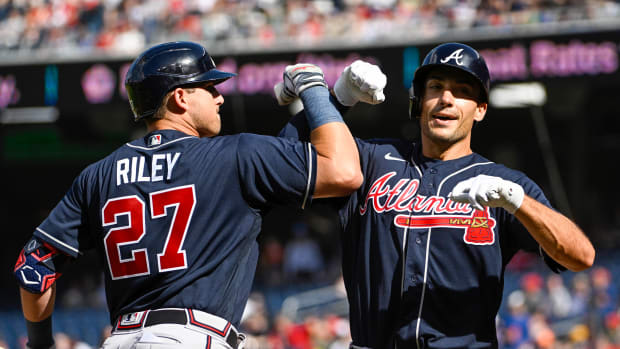 Apr 1, 2023; Washington, District of Columbia, USA; Atlanta Braves first baseman Matt Olson (28) celebrates with third baseman Austin Riley (27) after hitting a solo home run against the Washington Nationals during the first inning at Nationals Park.