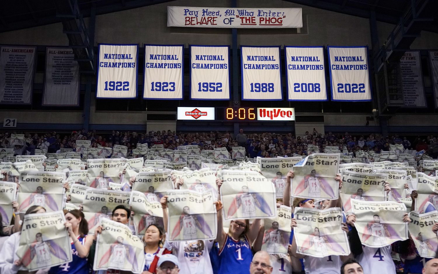 Feb 28, 2023; Lawrence, Kansas, USA; Kansas Jayhawks fans show support against the Texas Tech Red Raiders prior to a game at Allen Fieldhouse.