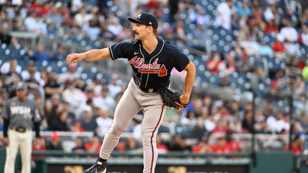 Apr 1, 2023; Washington, District of Columbia, USA; Atlanta Braves starting pitcher Spencer Strider (99) throws to the Washington Nationals during the sixth inning at Nationals Park.