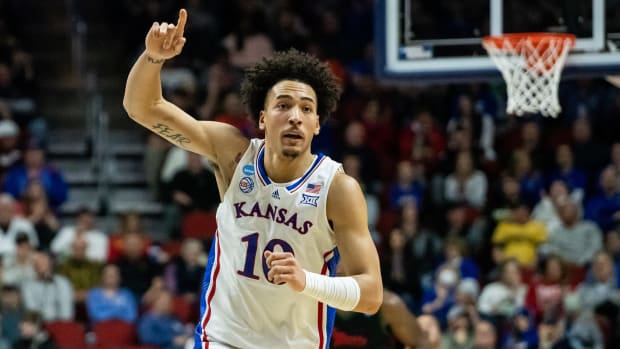 Kansas' Jalen Wilson celebrates scoring during the NCAA men's basketball tournament first round match-up between Kansas and Howard, on Thursday, March 16, 2023, at Wells Fargo Arena, in Des Moines, Iowa. 0316 Kansas Howard 018 Arw