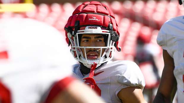 Razorbacks wide receiver Isaiah Sategna during Saturday's practice inside Razorback Stadium on Saturday.