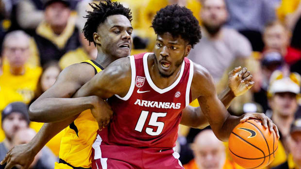 Razorbacks' Makhi Mitchell looks to drive in the lane against Missouri on Jan. 18, 2023, in Columbia, Mo.
