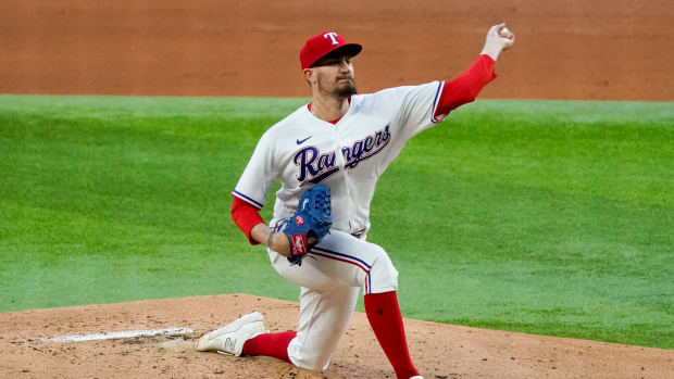 Apr 10, 2023; Arlington, Texas, USA; Texas Rangers starting pitcher Andrew Heaney (44) pitches during the second inning against the Kansas City Royals at Globe Life Field. Mandatory Credit: Raymond Carlin III-USA TODAY Sports