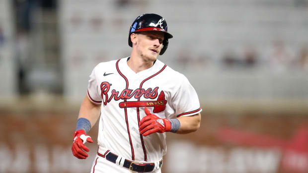 Apr 10, 2023; Atlanta, Georgia, USA; Atlanta Braves catcher Sean Murphy (12) hits a walk-off home run against the Cincinnati Reds in the tenth inning at Truist Park. Mandatory Credit: Brett Davis-USA TODAY Sports