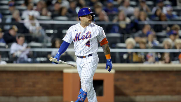 Apr 11, 2023; New York City, New York, USA; New York Mets catcher Francisco Alvarez (4) reacts after striking out against the San Diego Padres to end the fifth inning at Citi Field.