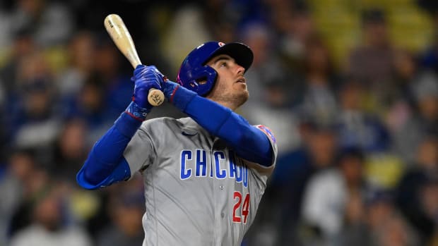 Chicago Cubs center fielder Cody Bellinger (24) flies out in the fifth inning against the Los Angeles Dodgers at Dodger Stadium.