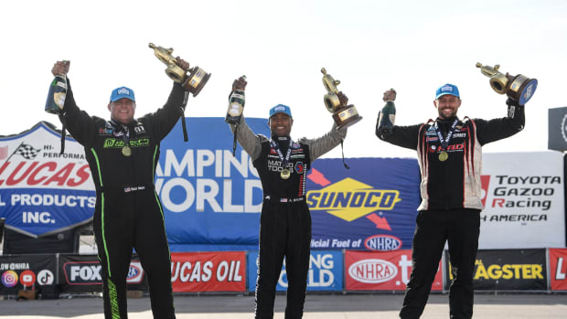 While Tony Stewart may have stolen the show with his own first NHRA win, Matt Hagan (Funny Car), Antron Brown (Top Fuel) and Dallas Rice (Pro Stock) had their own big wins to celebrate Sunday in Las Vegas. Photo courtesy NHRA.