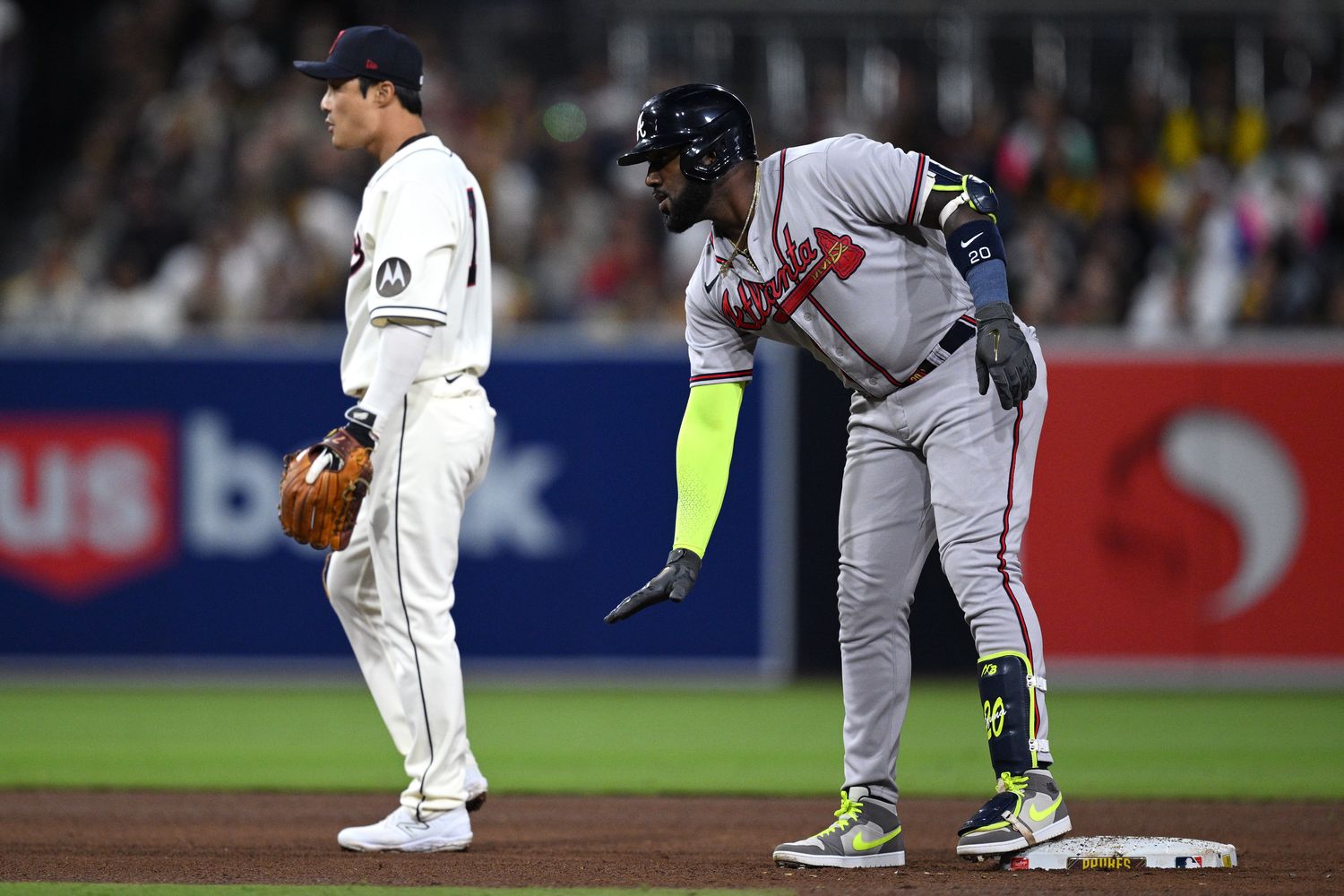 Apr 17, 2023; San Diego, California, USA; Atlanta Braves designated hitter Marcell Ozuna (20) gestures from second base after hitting a double during the fifth inning against the San Diego Padres at Petco Park. Mandatory Credit: Orlando Ramirez-USA TODAY Sports