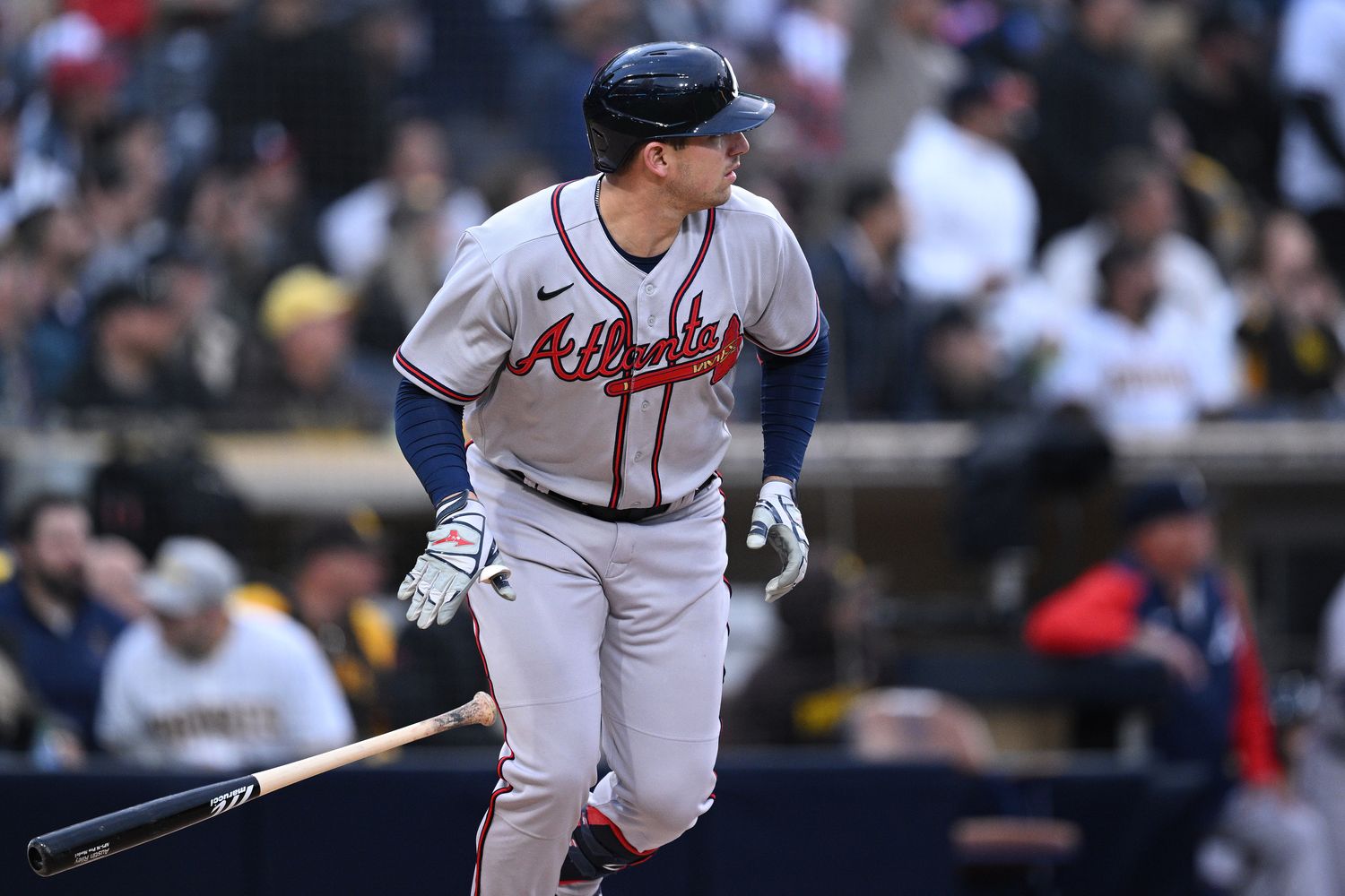 Apr 17, 2023; San Diego, California, USA; Atlanta Braves third baseman Austin Riley (27) drops his bat after hitting a two-run home run against the San Diego Padres during the first inning at Petco Park. Mandatory Credit: Orlando Ramirez-USA TODAY Sports
