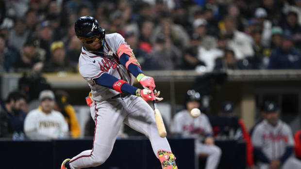 Apr 17, 2023; San Diego, California, USA; Atlanta Braves right fielder Ronald Acuna (13) singles against the San Diego Padres during the seventh inning at Petco Park.
