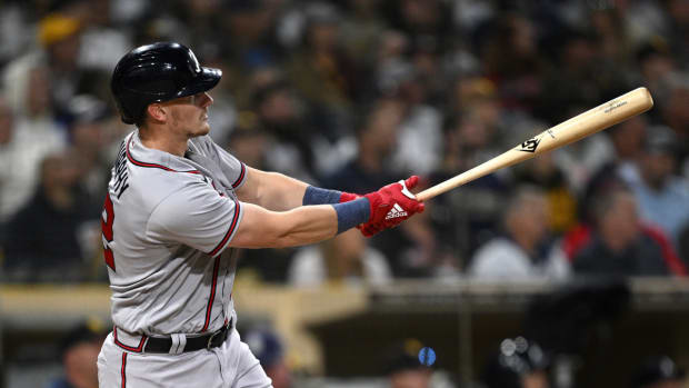 Apr 18, 2023; San Diego, California, USA; Atlanta Braves catcher Sean Murphy (12) watches his home run against the San Diego Padres during the fourth inning at Petco Park.