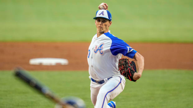 Apr 22, 2023; Cumberland, Georgia, USA; Atlanta Braves starting pitcher Kyle Wright (30) pitches against the Houston Astros during the first inning at Truist Park.