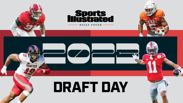 A collage of Will Anderson Jr., Bijan Robinson, Jaxon Smith-Njigba and Tyree Wilson in front of text that says Draft Day 2023