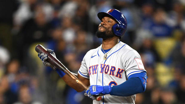 Apr 18, 2023; Los Angeles, California, USA; New York Mets right fielder Starling Marte (6) reacts after striking out in the third inning against the Los Angeles Dodgers at Dodger Stadium.