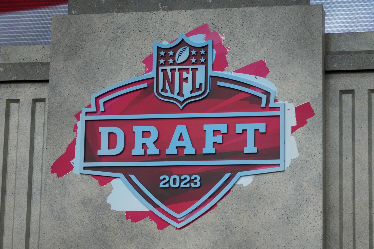 Apr 26, 2023; Kansas City, MO, USA; The 2023 NFL Draft logo on the main stage at Union Station. Mandatory Credit: Kirby Lee-USA TODAY Sports