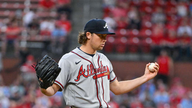 Apr 4, 2023; St. Louis, Missouri, USA; Atlanta Braves starting pitcher Dylan Dodd (46) stands on the mound before his MLB debut against the St. Louis Cardinals during the first inning at Busch Stadium.