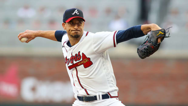 May 9, 2023; Atlanta, Georgia, USA; Atlanta Braves starting pitcher Charlie Morton (50) throws against the Boston Red Sox in the first inning at Truist Park. Mandatory Credit: Brett Davis-USA TODAY Sports