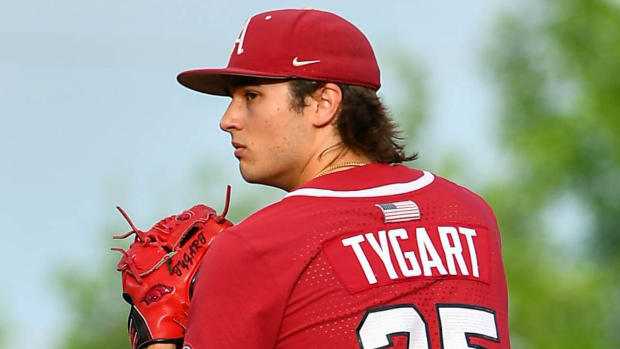 Razorbacks starter Brady Tygart prepares to throw a pitch against South Carolina on Saturday night