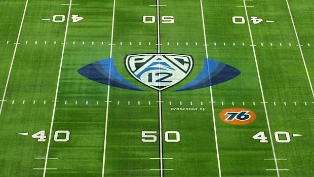 Dec 2, 2022; Las Vegas, NV, USA; A general overall view of the Pac-12 Conference logo at midield at Allegiant Stadium. Mandatory Credit: Kirby Lee-USA TODAY Sports