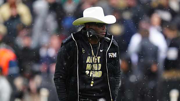 Apr 22, 2023; Boulder, CO, USA; Colorado Buffaloes head coach Deion Sanders during the first half of the spring game at Folsom Filed. Mandatory Credit: Ron Chenoy-USA TODAY Sports
