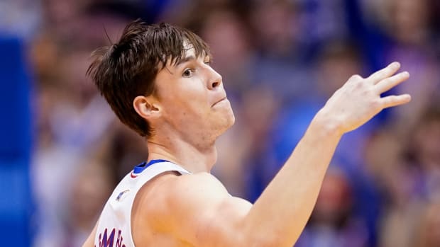 Jan 10, 2023; Lawrence, Kansas, USA; Kansas Jayhawks forward Zach Clemence (21) celebrates after scoring during the first half against the Oklahoma Sooners at Allen Fieldhouse. Mandatory Credit: Jay Biggerstaff-USA TODAY Sports