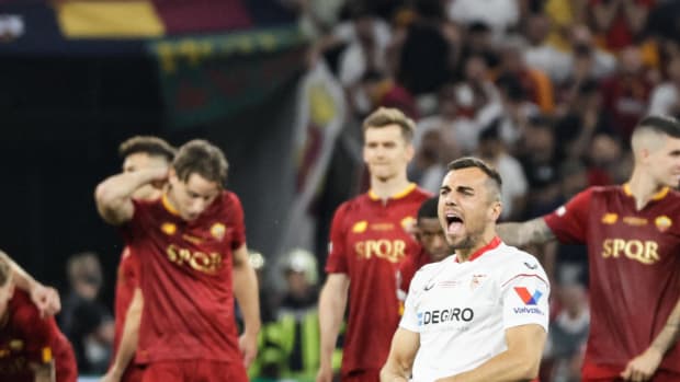Gonzalo Montiel pictured grabbing his crotch after scoring the winning penalty in Sevilla's shootout victory over Roma in the 2023 UEFA Europa League final