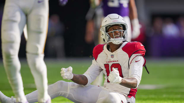 Oct 30, 2022; Minneapolis, Minnesota, USA; Arizona Cardinals wide receiver DeAndre Hopkins (10) reacts to a dropped pass against the Minnesota Vikings in the fourth quarter at U.S. Bank Stadium. Mandatory Credit: Brad Rempel-USA TODAY Sports