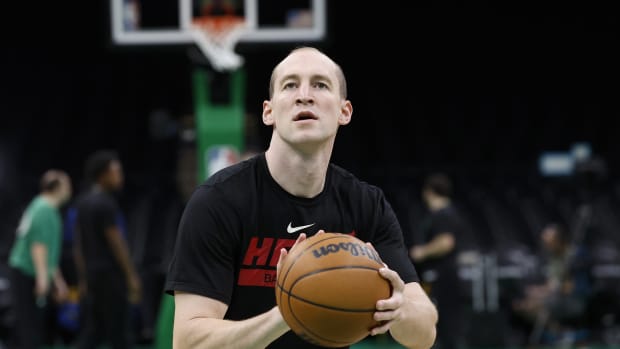May 25, 2023; Boston, Massachusetts, USA; Miami Heat center Cody Zeller (44) warms-up prior to game five of the Eastern Conference Finals against the Boston Celtics in the 2023 NBA playoffs at TD Garden.