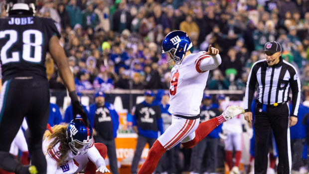 Jan 8, 2023; Philadelphia, Pennsylvania, USA; New York Giants place kicker Graham Gano (9) kicks a field goal against the Philadelphia Eagles during the third quarter at Lincoln Financial Field.