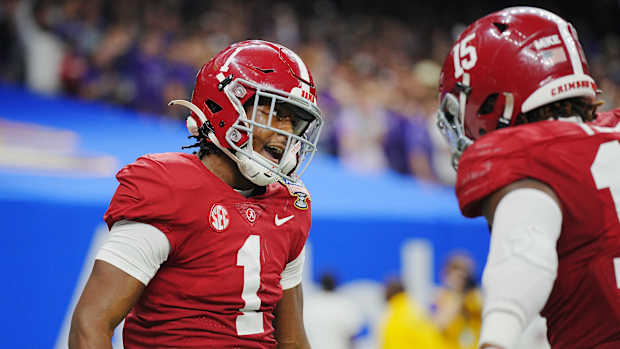 Dec 31, 2022; New Orleans, LA, USA; Alabama Crimson Tide defensive back Kool-Aid McKinstry (1) reacts after a defensive play against the Kansas State Wildcats during the second half in the 2022 Sugar Bowl at Caesars Superdome.