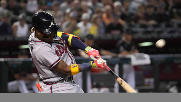 Jun 3, 2023; Phoenix, Arizona, USA; Atlanta Braves right fielder Ronald Acuna Jr. (13) bats against the Arizona Diamondbacks during the first inning at Chase Field. Mandatory Credit: Joe Camporeale-USA TODAY Sports