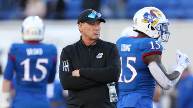 Dec 28, 2022; Memphis, TN, USA; Kansas Jayhawks head coach Lance Leipold prior to the 2022 Liberty Bowl against the Arkansas Razorbacks at Liberty Bowl Memorial Stadium. Mandatory Credit: Nelson Chenault-USA TODAY Sports