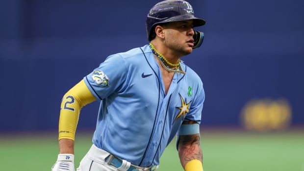 Rays outfielder José Siri rounds the bases after hitting a home run in a game vs. the Yankees.