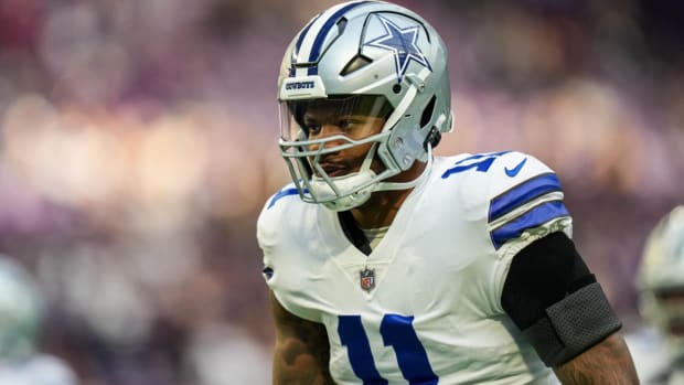 Nov 20, 2022; Minneapolis, Minnesota, USA; Dallas Cowboys linebacker Micah Parsons (11) looks on prior to the game against the Minnesota Vikings at U.S. Bank Stadium. Mandatory Credit: Brace Hemmelgarn-USA TODAY Sports