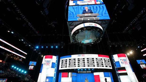 A general view as NBA commissioner Adam Silver speaks before the first round of the 2022 NBA Draft
