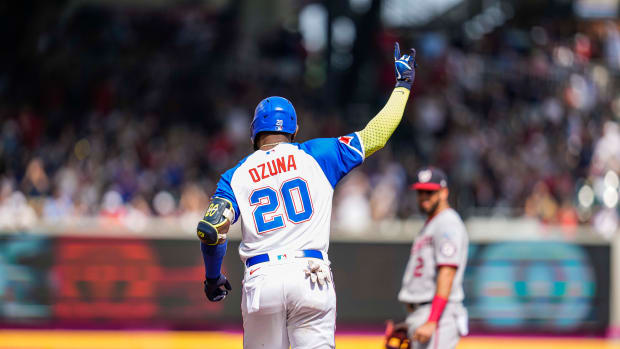 Jun 10, 2023; Cumberland, Georgia, USA; Atlanta Braves designated hitter Marcell Ozuna (20) reacts after hitting a home run against the Washington Nationals during the second inning at Truist Park. Mandatory Credit: Dale Zanine-USA TODAY Sports