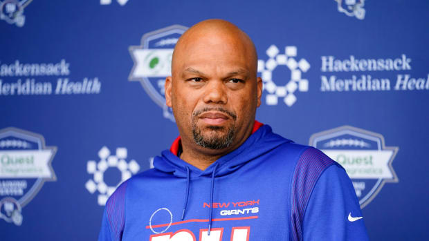 New York Giants special teams coordinator Thomas McGaughey talks to reporters before organized team activities (OTAs) at the training center in East Rutherford on Thursday, May 19, 2022.