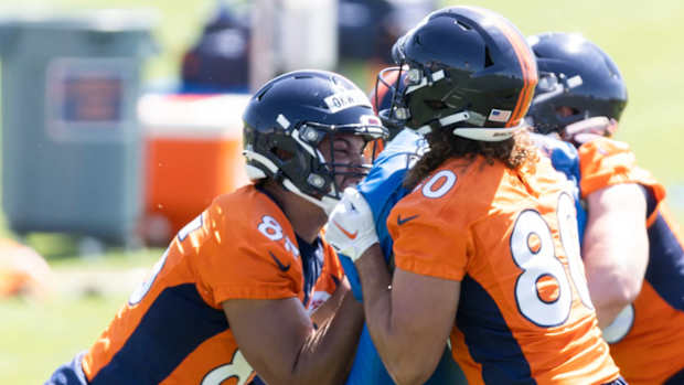 Denver Broncos tight ends Albert Okwuegbunam and Greg Dulcich