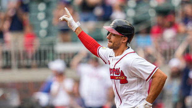 Jun 11, 2023; Cumberland, Georgia, USA; Atlanta Braves first baseman Matt Olson (28) reacts after hitting a two run home run against the Washington Nationals during the first inning at Truist Park.